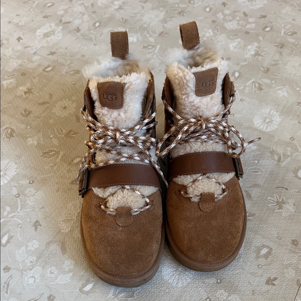 UGG Chestnut Mini Shearling Boots with leather strap- size 8